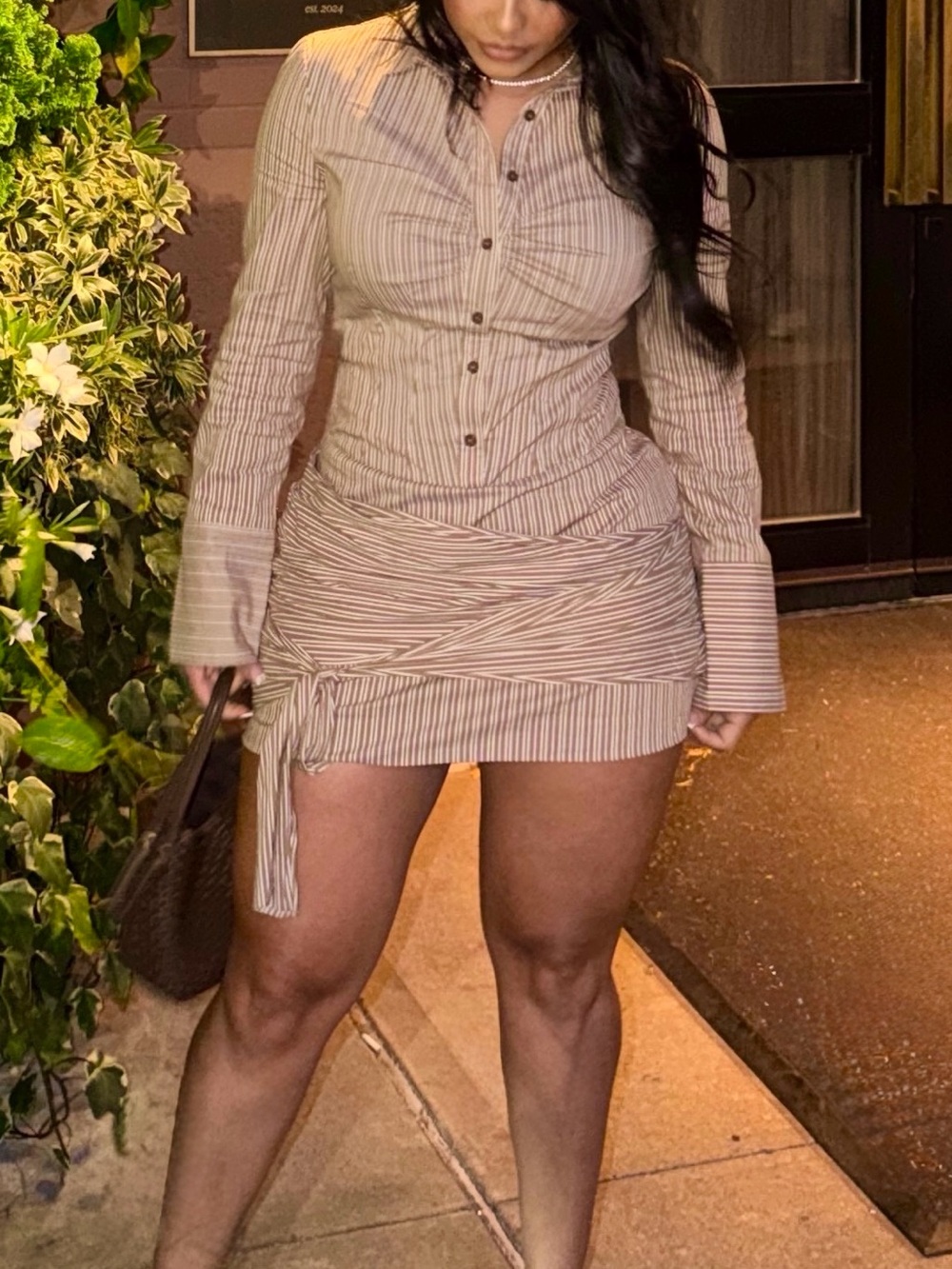 Fashion Nova Beige Striped Midi Dress